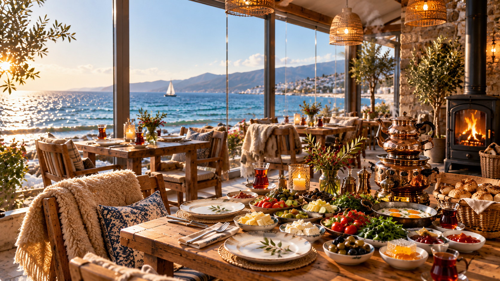 Kışın deniz manzaralı camlı balkon